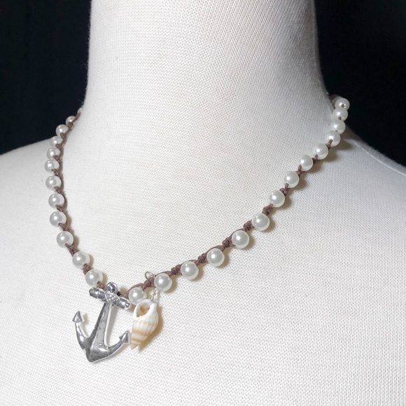 Pearl & Brown Thread Anchor Necklace Earrings Set - Picture 2 of 3